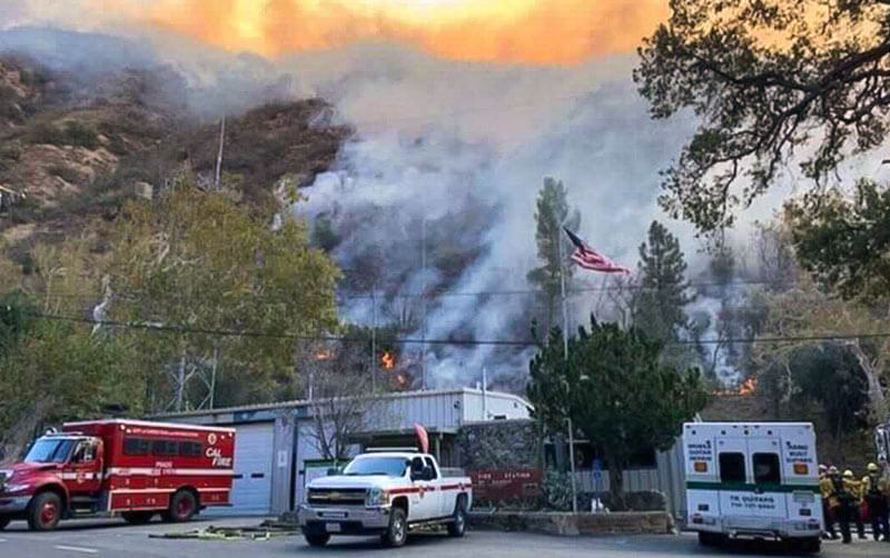 Fire station and mountianside on fire