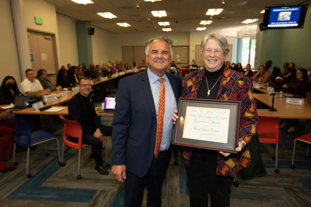 Merri Lynn Casem and President Virjee 2023 John  W. “Jack” Bedell Leadership in Collegial Governance Award