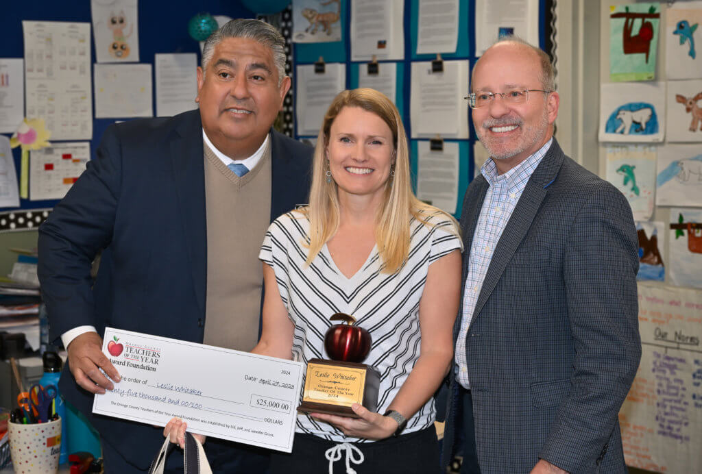 Leslie Whitaker of Esencia K-8 School in Mission Viejo is surprised in her classroom with the announcement of her being named Orange County Teacher of the Year