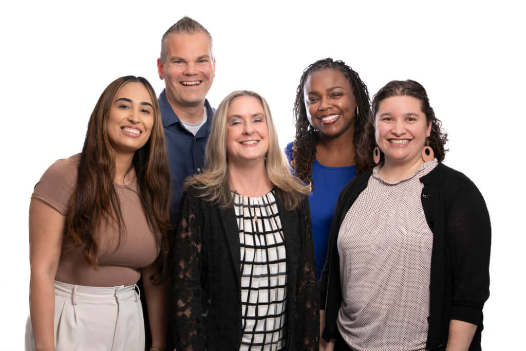 Members of the CAPS Mobile Crisis Team, from left to right, Karla Perez, Kevin Thacker Thomas, Jaime Sheehan, Myesha Dunn and Valerie Arribeño 