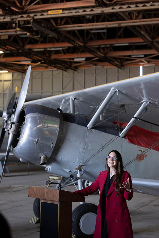 Jessica Stern, dean of the College of Humanities and Social Sciences at the Flying Leatherneck Aviation Museum 