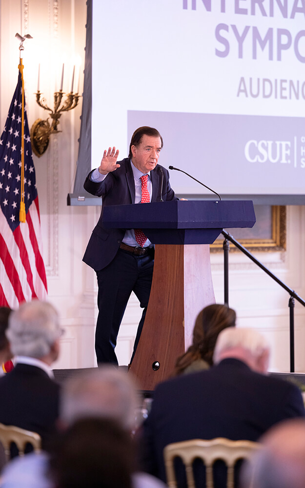 Ed Royce speaks at a podium at the Richard Nixon Presidential Library & Museum