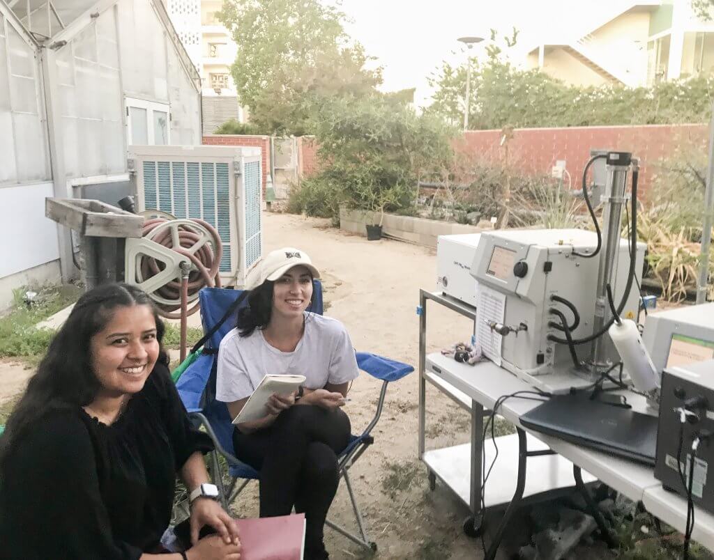 Fireworks research data collection on the Fourth of July by chemistry alums Esther Morales, left, and Danielle Rocco