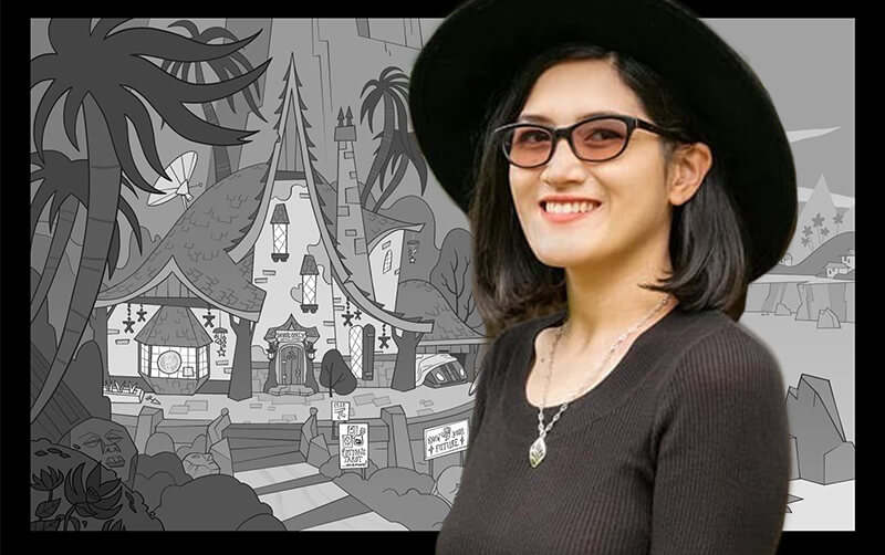 Cristina Zuniga with illustration background
