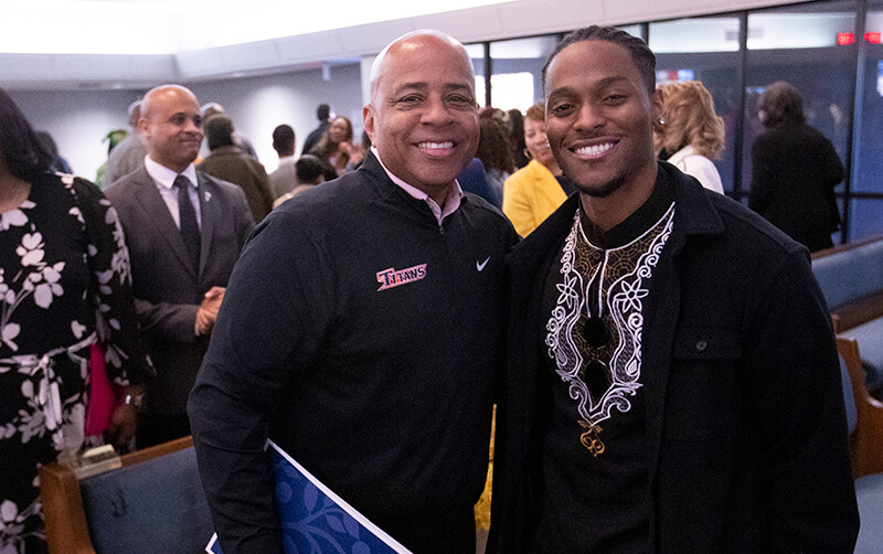 CSUF President Ronald Rochon alumnus Austin Murrell spoke about the value of a college education