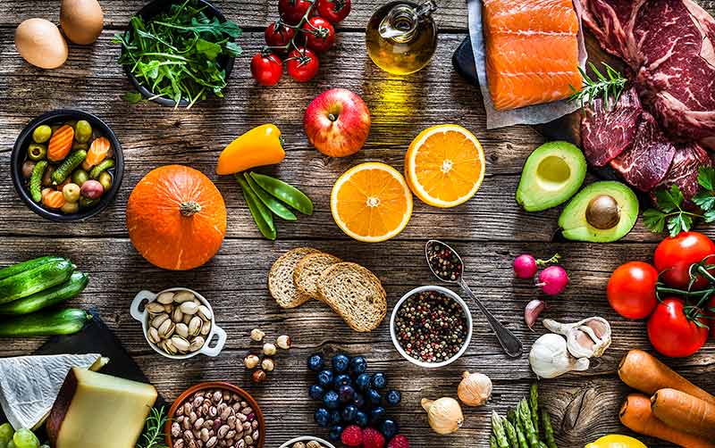 Food arranged on table.