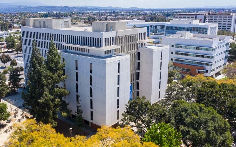 Aerial view of the Humanities and Social Sciences building at CSUF.