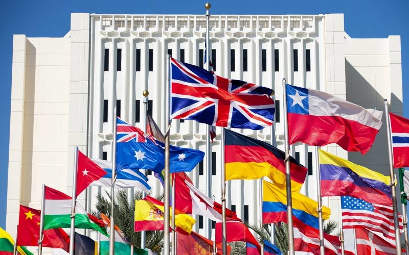 Langsdorf Hall with International Flags