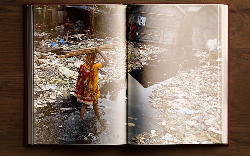 Book with superimposed image of climate change refugee.