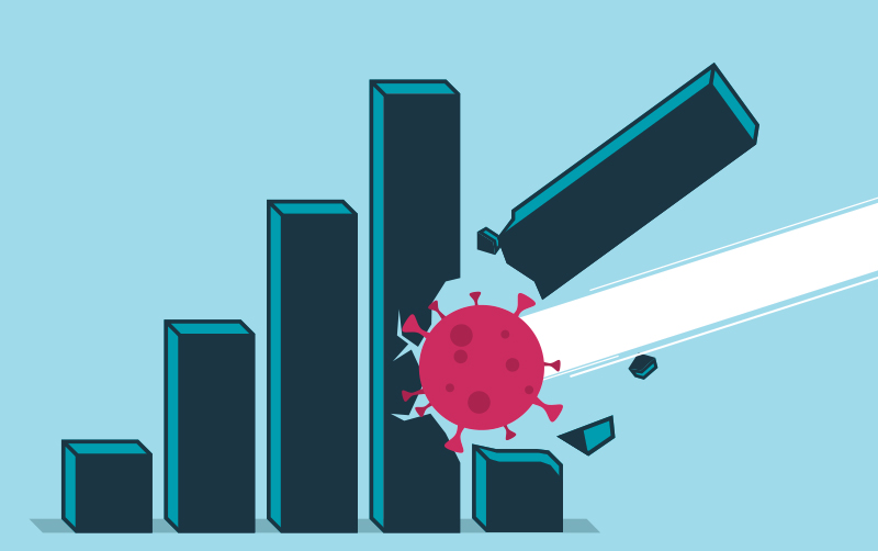 Illustration of corona virus destroying economy.