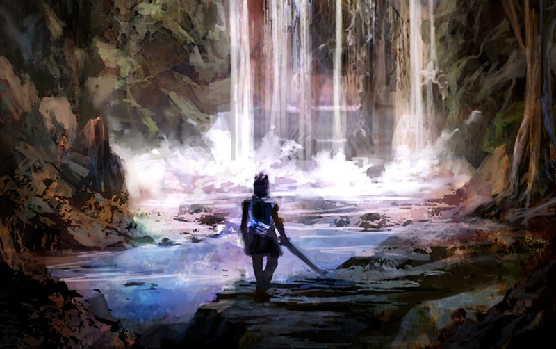 Cliff Cramp illustration of figure next to waterfall.