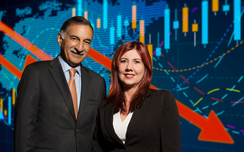 Anil Puri and Mira Farka with economic illustration background.