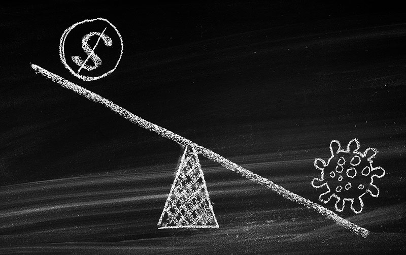 Coronoa Virus tipping an economic scale illustration