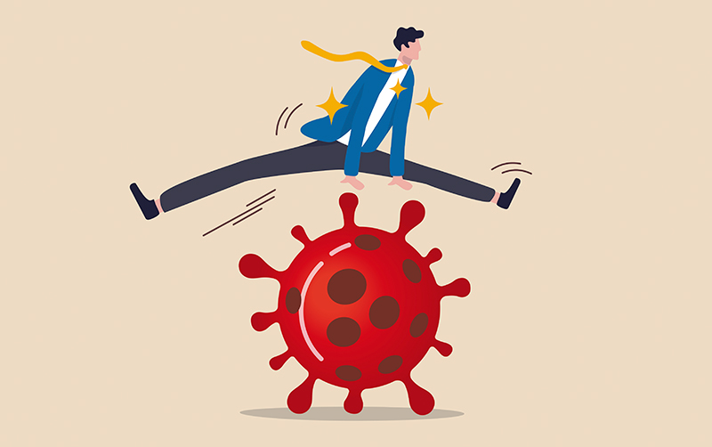Illustration of business person jumping over a virus.