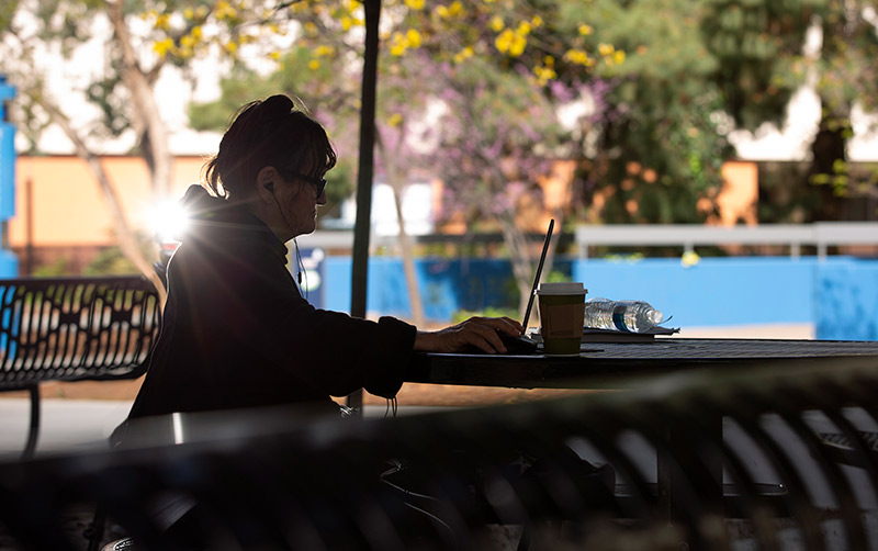 Heather Paredez works on her CSUF laptop.