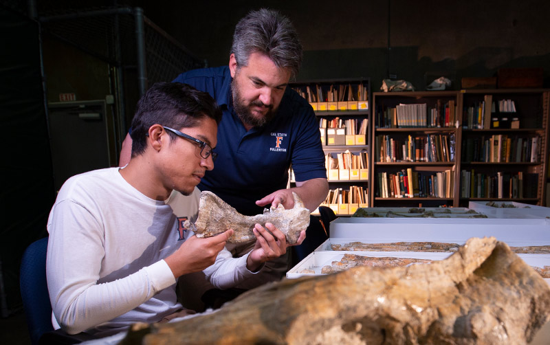 Isaac Magallanes and Jim Parham work on fossils/