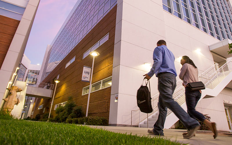 Mihaylo Hall at sunset.