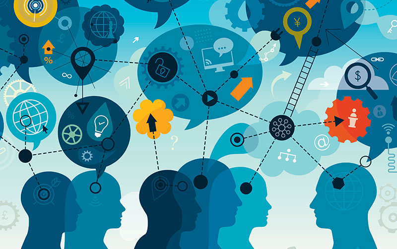 Illustrated minds with thought bubbles.