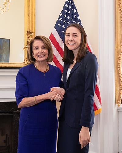 House Speaker Nancy Pelosi with CSUF student Tori Hust