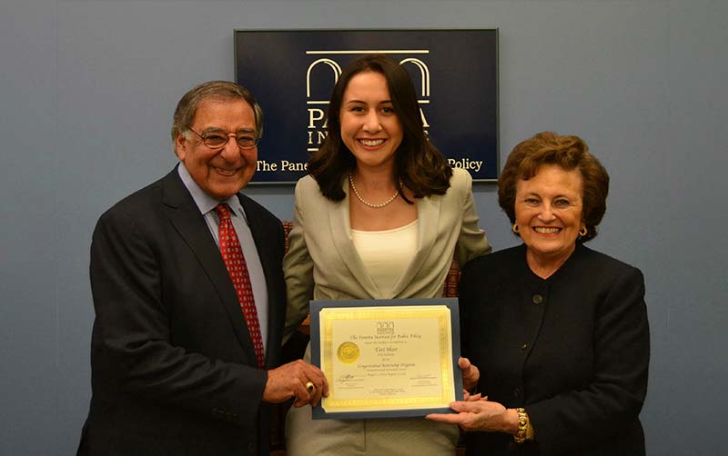 Leon Panetta, CSUF student Tori Hust, and Sylvia Panetta