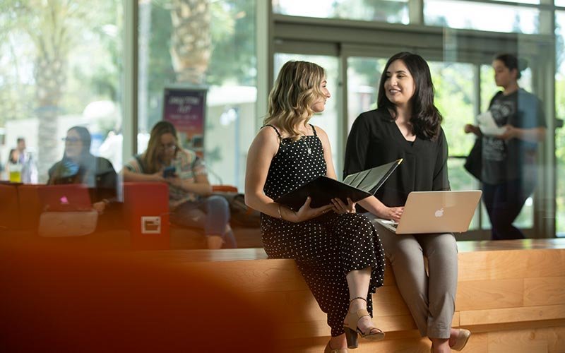 Students discuss research while sitting with laptop