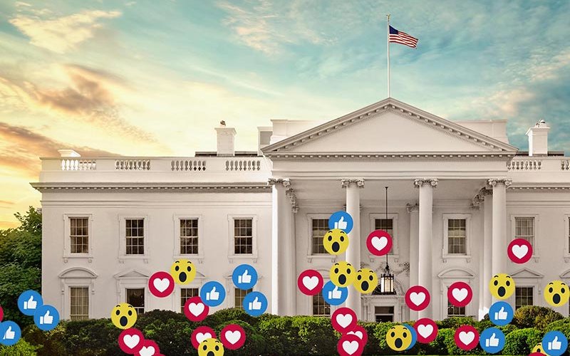 Social media icons overlayed on White House.