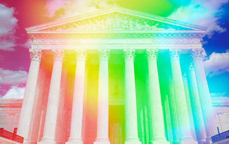 Supreme court with LGBTQ overlay.