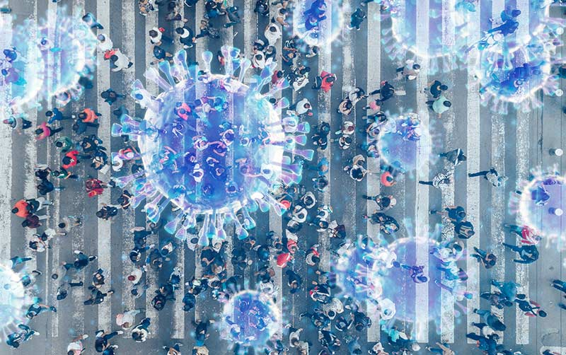 Modern city life overlayed with viruses.