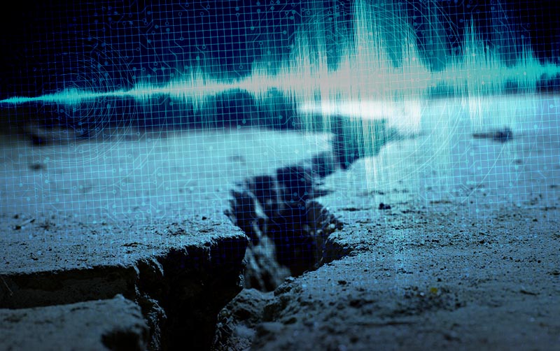 Seismogram composite over earthquake damage