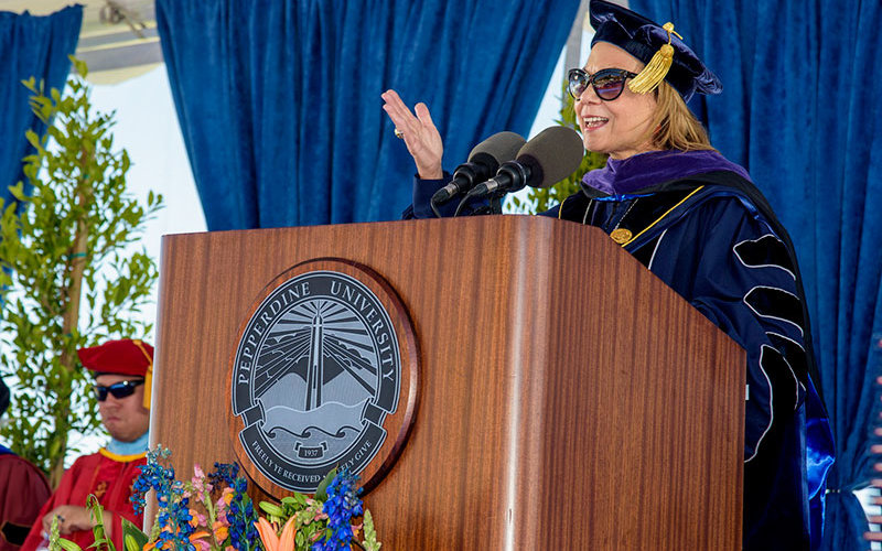CSUF President Mildred Garcia speaking at Pepperdine University commencement