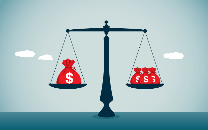 Illustration: scale with large money bag on one scale and three smaller money bag on opposite scale