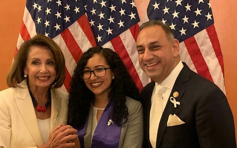 Speaker of the House Nancy Pelosi, CSUF student Miriam Tellez and Congressman Gil Cisneros