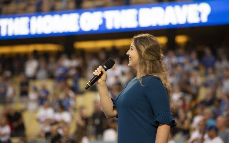 Danielle Pribyl sings the national anthem at Dodger Stadium