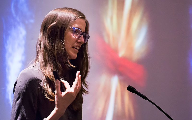 Jocelyn Read speaking about the latest discovery of gravitational waves from a collision of neutron stars.