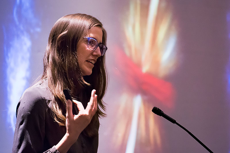 Jocelyn Read speaking about the latest discovery of gravitational waves from a collision of neutron stars.