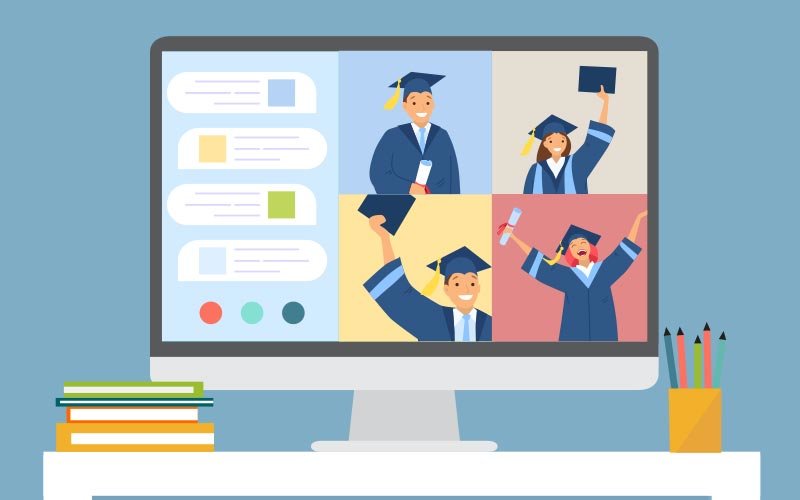 Illustration of commencement through a video conference