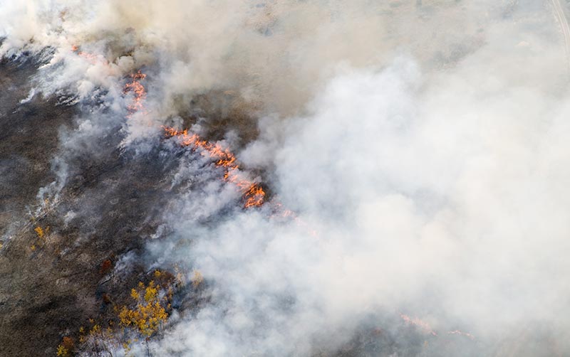Aerial view of burning wildfire