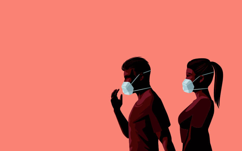 Illustration of a couple wearing protective face masks.