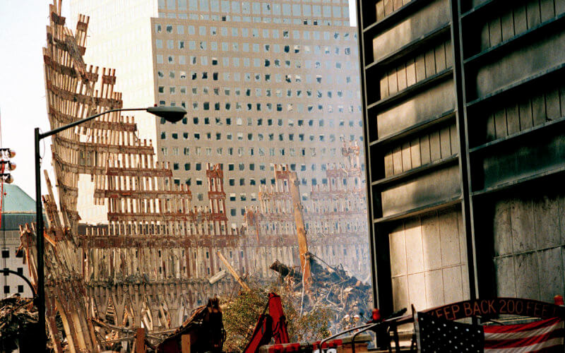 Steel Skeleton of World Trade Center Tower South (one) in Ground Zero days after September 11, 2001 terrorist attack which collapsed the 110 story twin towers in New York City, NY, USA.