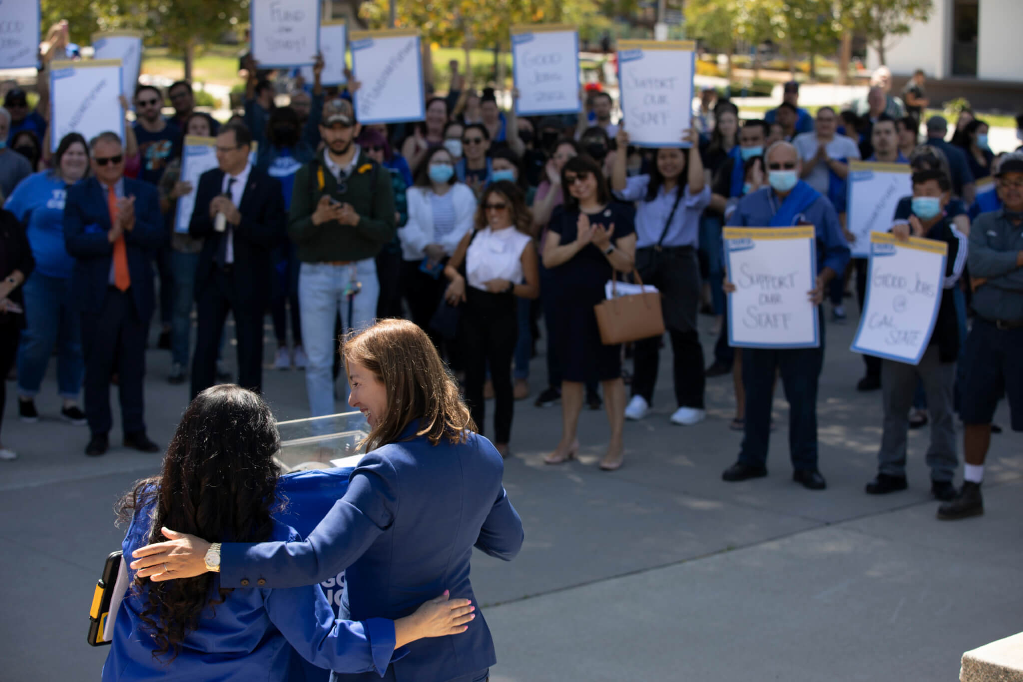 Lieutenant Governor Eleni Kounalakis embraces CSUEU President Vicky McLeod following the Good Jobs Rally.