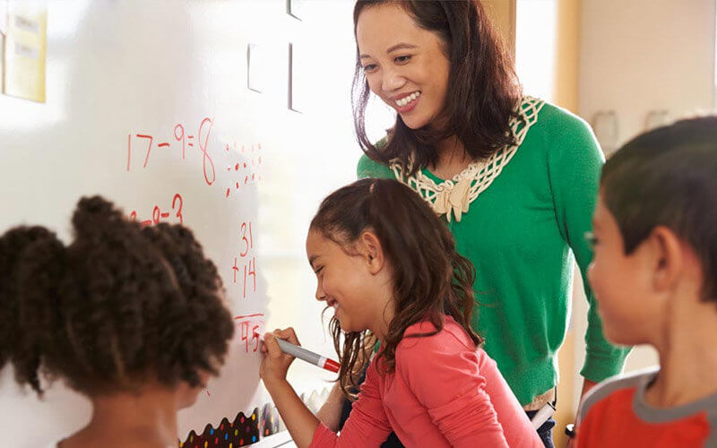 Female elementary teacher wearing a green sweater teaching three diverse children how to add