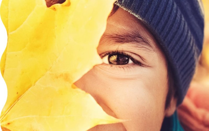 Child holding a leaf up to their eye