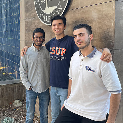The Cal State Fullerton grads who have launched Earn and Trade. From left to right, Josiah Peedikayli ’22, Dylan Bertalli ’22, and Josh Paktan ’22.