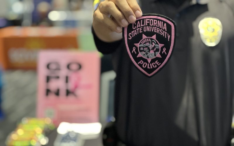A CSUF PD student employee holding a pink and black breast cancer awareness police patch.