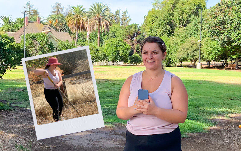 Female holding a mobile phone wearing a light colored tank top and black yoga pants with her hair pulled back at the Fullerton Arboretum. Image includes Polaroid photo of the same female using a tool to pull weeds in the same outfit with an oversized red sunhat.