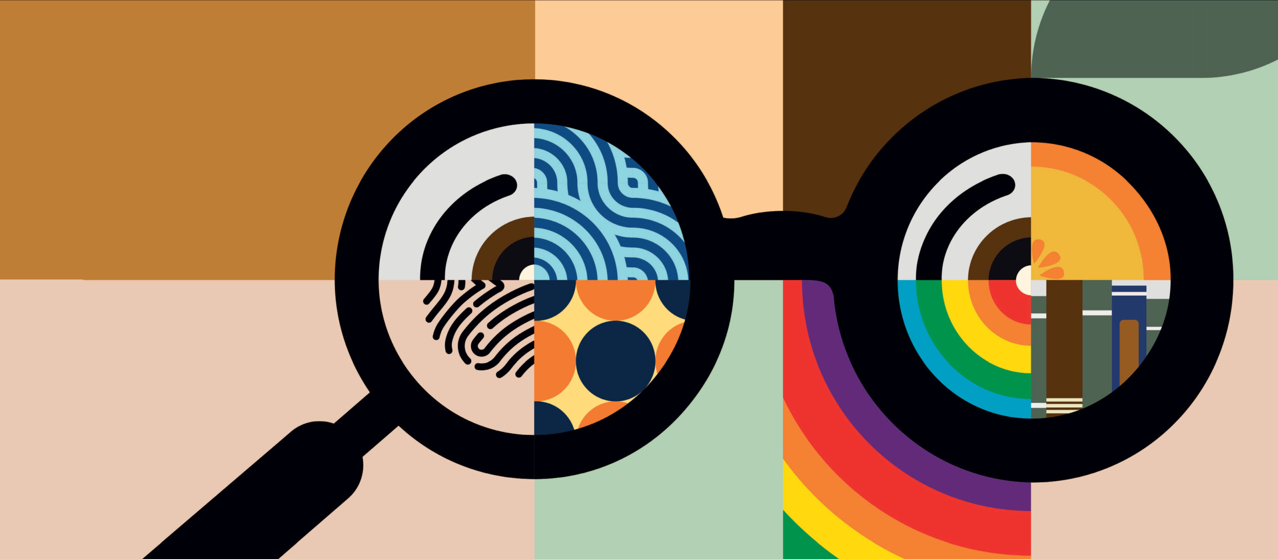 Colorful patterns inside the lens of black framed glasses
