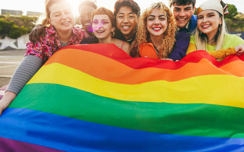 Young LGBTQ, diverse people having fun holding LGBT rainbow flag outdoor