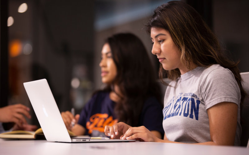 Student using computer in CSUF library