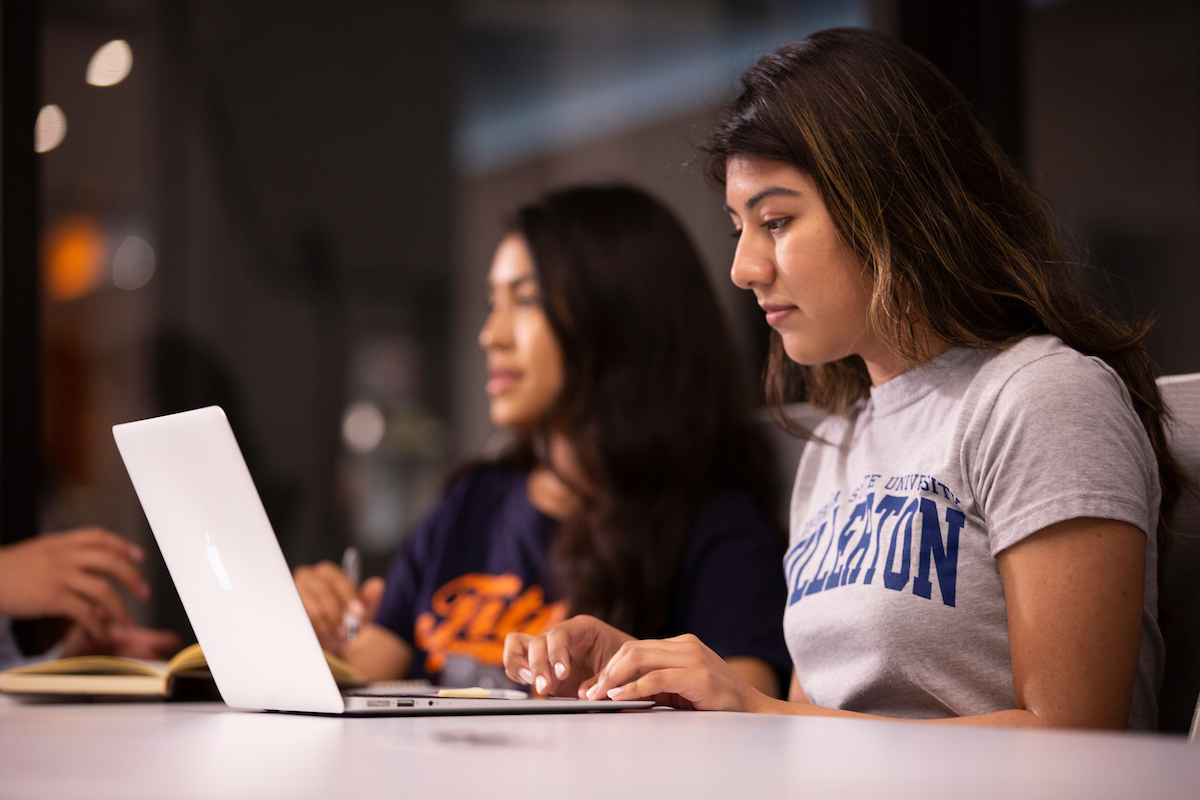 Student using computer in CSUF library
