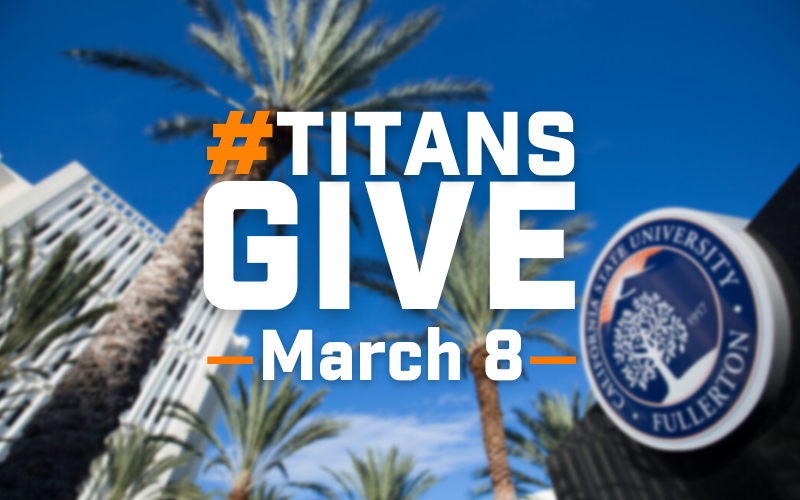 Nutwood entry way signage with palm trees around it. Text in front of that image saying #TitansGive March 8